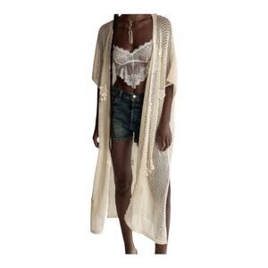 Free People Crochet Lace Duster Cardigan Cream Boho Open Knit Long Kimono NWT